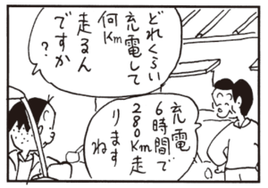 どれくらい充電して何km走るんですか? 充電6時間で280km走りますね